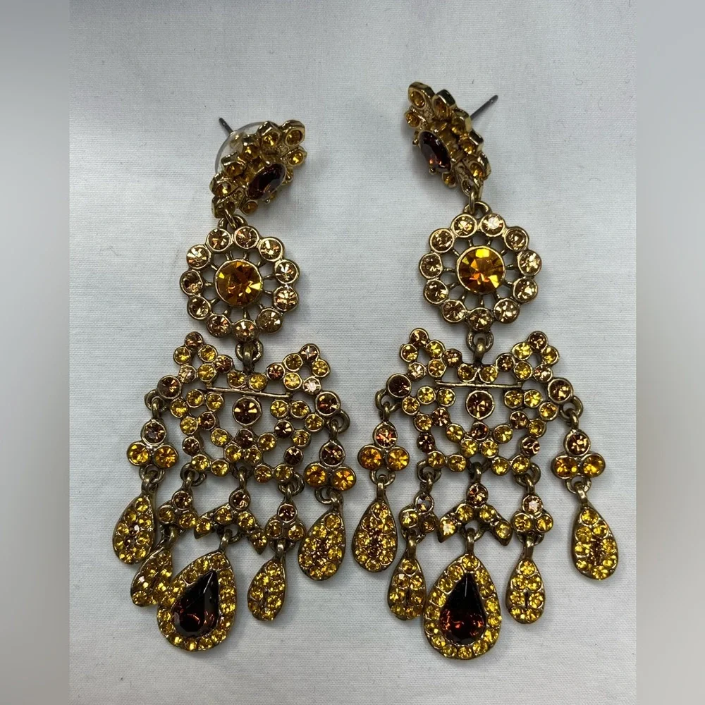 Chandelier Rhinestone Earrings Pierced Honey Topaz Color